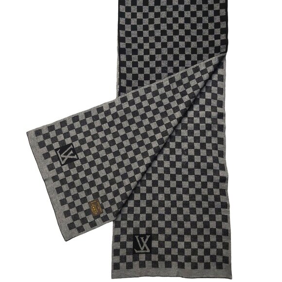 LOUIS VUITTON Black Gray Reversible Cashmere Damier Scarf Pre-Owned - Picture 5 of 13